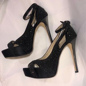 INC Black Platform Rhinestone Peep Toe Heels